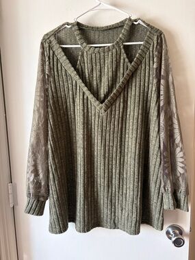 Olive Green Ribbed Knit Sweater with Lace Sleeves
